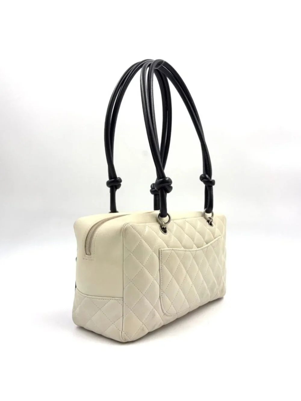 Chanel Cambon Line Bowling Lambskin Black White Shoulder Bag Silver